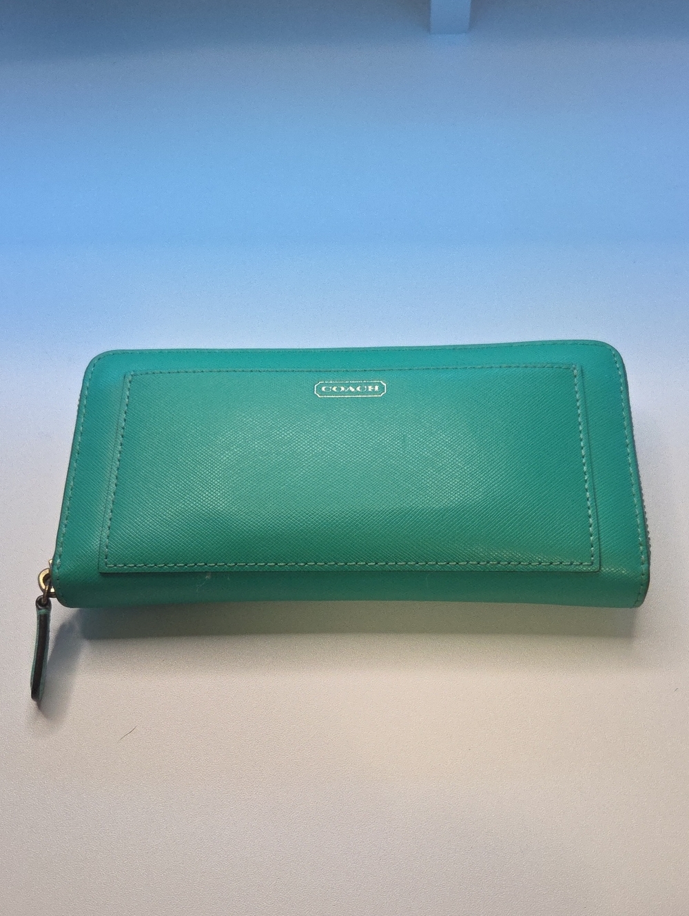 Coach Teal Zip Around Saffiano Leather Wallet